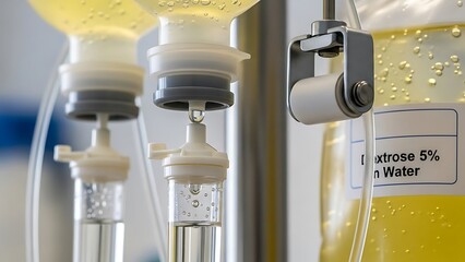 Macro Close-up of Intravenous IV Drip Chamber with Dextrose Solution in Hospital