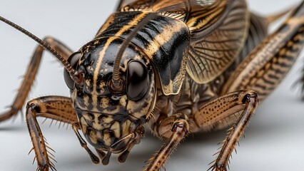 Extreme Macro Close-up of a Field Cricket Head and Compound Eyes