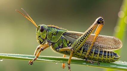 Macro Photography of a Large Green Grasshopper Perched on a Leaf with Morning Dew