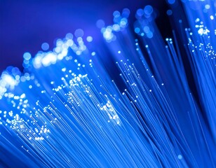 Close-up of glowing blue optical fibers, abstract digital concept