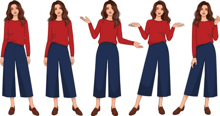 Cartoon woman character illustration showing casual fashion poses, expressive hand gestures, modern female lifestyle set isolated white background vector design