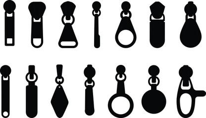 Black zipper pull icon set, silhouette fastener designs, vector illustration pack for fashion, garment manufacturing, accessories, and product design © tajwar