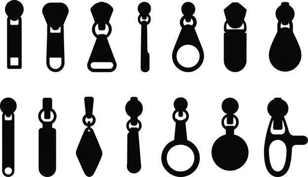 Black zipper pull icon set, silhouette fastener designs, vector illustration pack for fashion, garment manufacturing, accessories, and product design