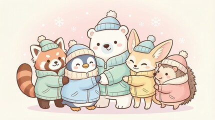 Cute Animals in Winter Sweaters Embracing Together