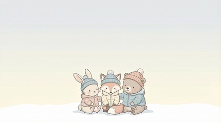 Cute Animals in Winter Hats Gathering Together