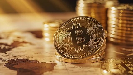 Golden bitcoin coins on a vintage world map symbolizing global cryptocurrency and international digital finance - Powered by Adobe