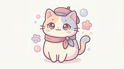 Cute Cartoon Cat with Flowers and Bubbles