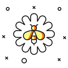 Filled outline Bee on flower icon isolated on white background. Sweet natural food. Honeybee or apis with wings symbol. Flying insect. Flat filled outline style with shadow. Vector