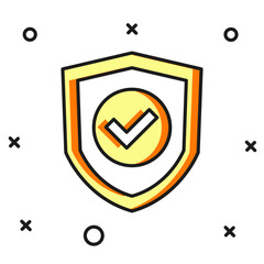 Filled outline Shield with check mark icon isolated on white background. Protection symbol. Security check Icon. Tick mark approved icon. Flat filled outline style with shadow. Vector