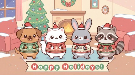 Cute Holiday Pets in Festive Sweaters and Hats