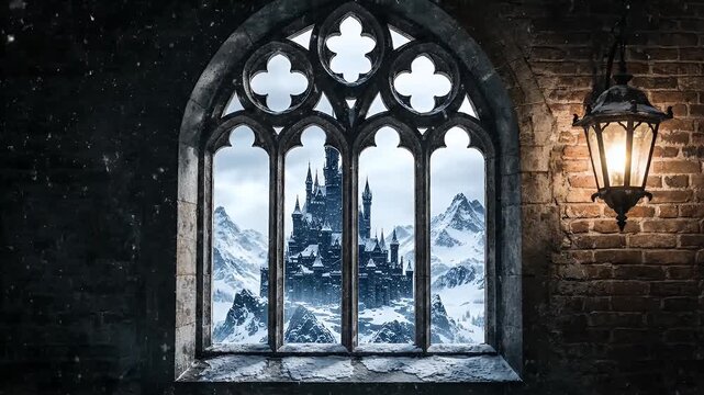 Gothic window view of fantasy castle in snow with lantern