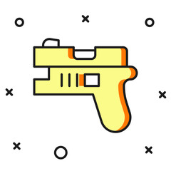 Filled outline Futuristic space gun blaster icon isolated on white background. Laser Handgun. Alien Weapon. Flat filled outline style with shadow. Vector