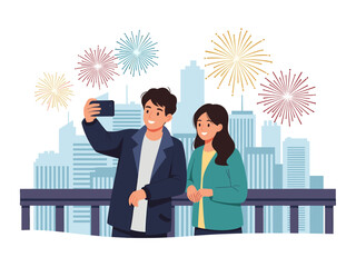 Couple Taking Selfie with Cityscape and Fireworks