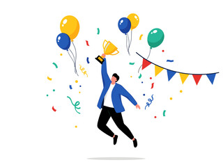 Celebratory Jump with Balloons and Confetti