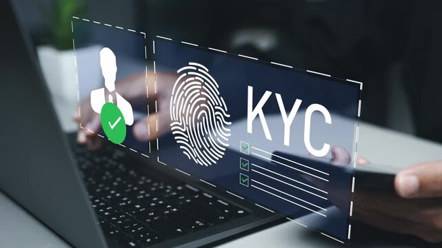 Know Your Customer concept. Digital KYC verification with biometric scan, Personal information for identification technology.