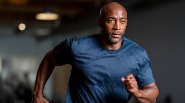 Athletic man running in gym fitness training indoor environment dynamic motion