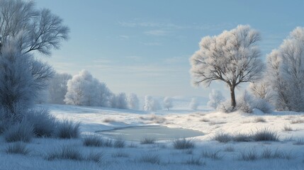 Obraz premium A tranquil winter landscape featuring snow-covered trees and a frozen field under soft daylight, creating a calm and serene seasonal atmosphere