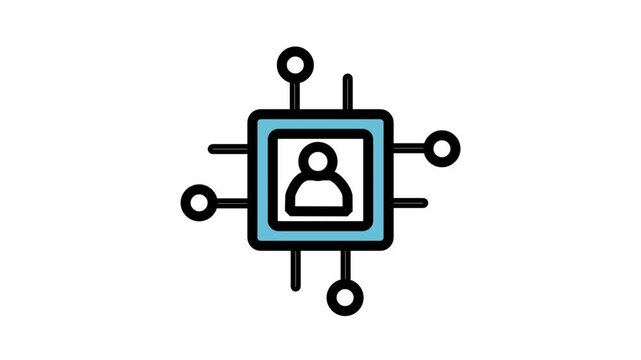Microchip processor icon with a user profile inside, representing hardware-level security, digital identity processing, and advanced biometric technology systems.