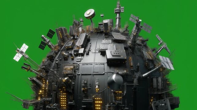 Advanced Technosphere floating hub, a complex digital world with high-tech communication infrastructure, rendered against a Chroma Key Green Screen