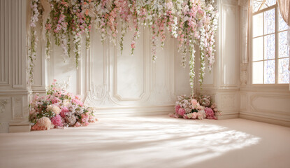 Elegant wedding ceremony backdrop with cascading pink and white floral arrangements on a cream-colored ornate wall and large windows