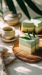 Two pieces of fluffy asian pandan mousse cake on bamboo tray with ceramic green tea cup and blurred teapot in soft daylight, concept of slow living dessert ritual