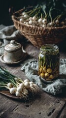 Glass jar of pickled spring onions on rough wooden table with fresh harvest in wicker basket and vintage teapot in blurred background, concept of rustic slow food preservation