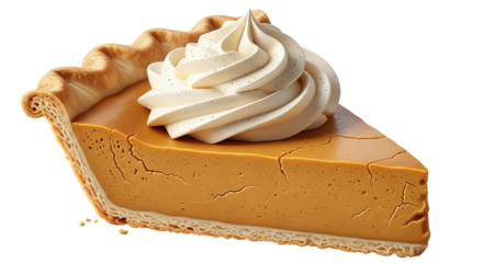A delectable slice of rich orange pumpkin pie topped with a towering swirl of freshly piped whipped cream resting on a flaky golden crust provides a perfect holiday dessert illustration