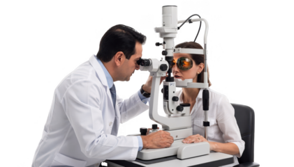 Professional ophthalmologist performing a slitlamp fundus examination with patient positioned for detailed retinal assessment against a clean white background.