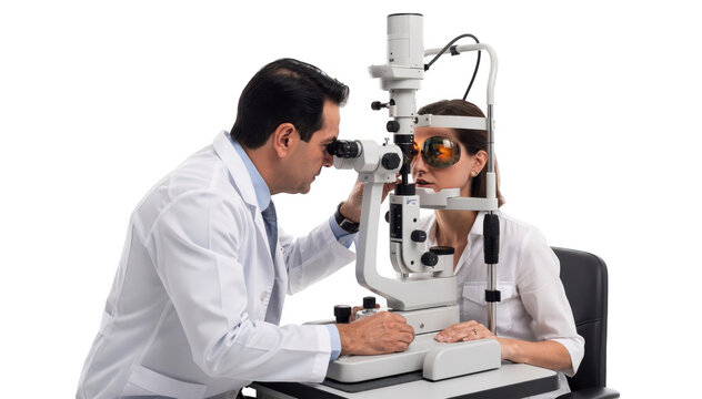 Professional ophthalmologist performing a slitlamp fundus examination with patient positioned for detailed retinal assessment against a clean white background.
