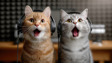 Two cute cats wearing headphones recording podcast in studio, both with surprised expressions, playful and creative mood