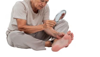 Senior person seated on bedroom floor inspecting their foot with a small mirror emphasizing daily diabetes foot care and neuropathy prevention on white.