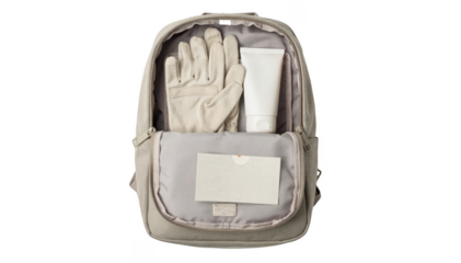 Open backpack displaying essential flare management kit with gloves moisturizer and supportive note isolated on white background emphasizing portable health preparedness.