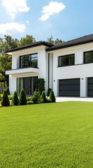 Modern photo white house with black trim and manicured lawn architecture