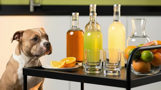 mini bully dog | A curious dog sniffs an orange slice on a sleek black table beside colorful beverages in glass bottles and bowls of fresh fruits, all set in a modern kitchen
