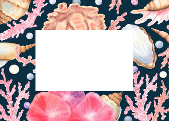 Pre-made postcard with beige, blue seashells, pink corals and pearls on dark blue background. Copy space for the text. Underwater world clipart. Hand-drawn illustration for sea-themed design