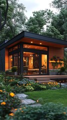 Modern Wood and Glass Cabin in Lush Green Garden at Dusk modern cabin wood siding photo