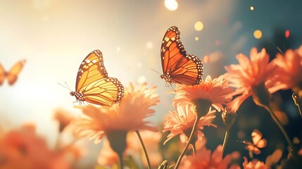 Monarch Butterflies on Coral Chrysanthemums in Golden Sunlight butterfly insect photo
