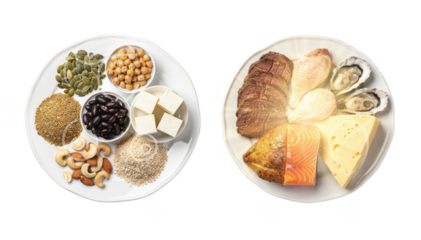 Neutral background with a sidebyside comparison of zincrich plant foods and animal products arranged on separate plates emphasizing differences in bioavailability visually.