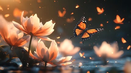 Monarch butterfly flying near glowing orange water lilies at dusk insect wings photo