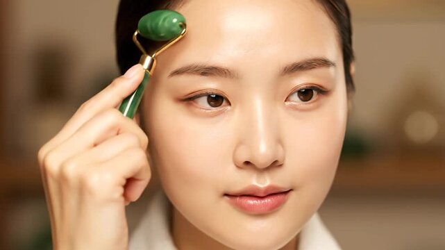 Woman using a green facial roller on her forehead. Close-up on eyes and clear skin