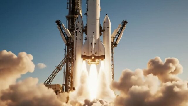 A powerful, multi-stage launch vehicle ignites its engines, beginning its ascent into the clear blue sky. Bright, fiery thrust erupts from below, creating immense plumes of white and orange smoke that