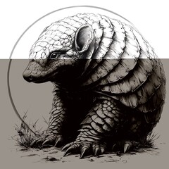 Monochrome Armadillo Illustration with Grass and Circle Element photo black and white grey