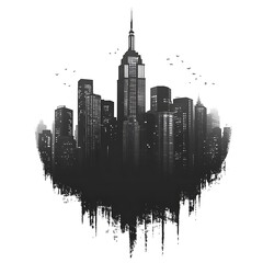 Monochrome cityscape silhouette with abstract dripping base and birds skyline photo black and white