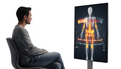 Seated patient observing a personalized 3D skeletal model on a minimalist darkthemed display illustrating evolving bone density hotspots over a monitored timeline.
