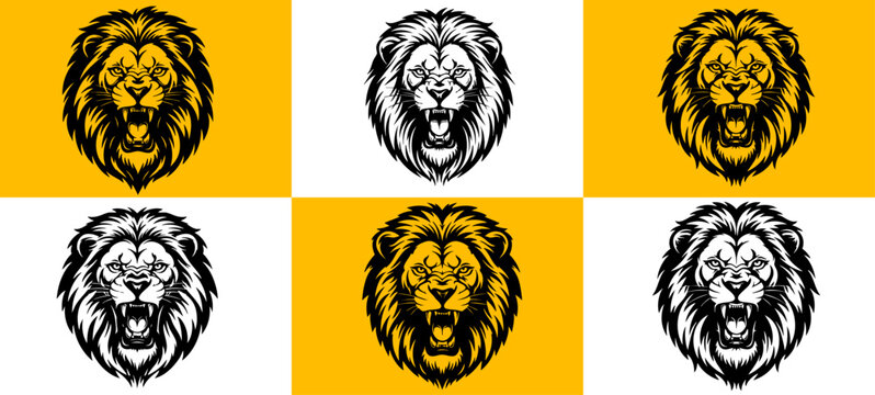 Black and white illustration of a roaring lion head, Detailed Lion Head Illustration in Black and White, a lion head roaring with its mouth open in a simple look a logo silhouette vector illustration