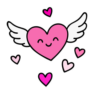 Coraz&oacute;n con alas y cara sonriente con peque&ntilde;os corazones para tarjetas y felicitaciones de San Valent&iacute;n 