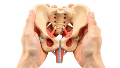 Closeup of hands holding a pelvic muscle model on white background highlighting key elements of urethral support for teaching in clinical workshops.