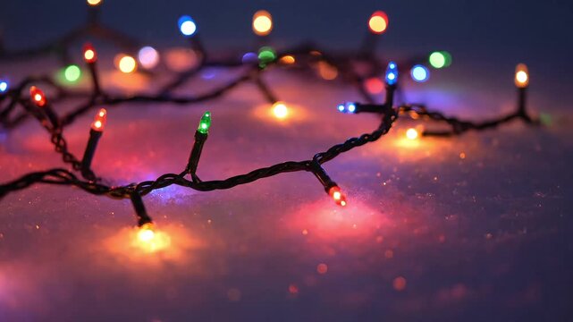 Colorful string lights illuminating a snowy surface at night from a close-up viewpoint