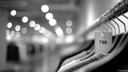 Empty retail store with metal hanging rods and numbered tags, illuminated by soft overhead lighting, showcasing an organized shopping environment