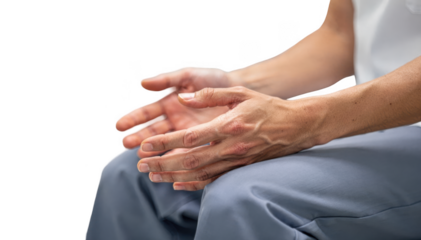 Clinic room setting with closeup of a patients hands conveying numbness and discomfort side angle perspective focusing on expressive hand movements without distractions.